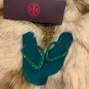 Tory Burch Emerald jeweled flipflops